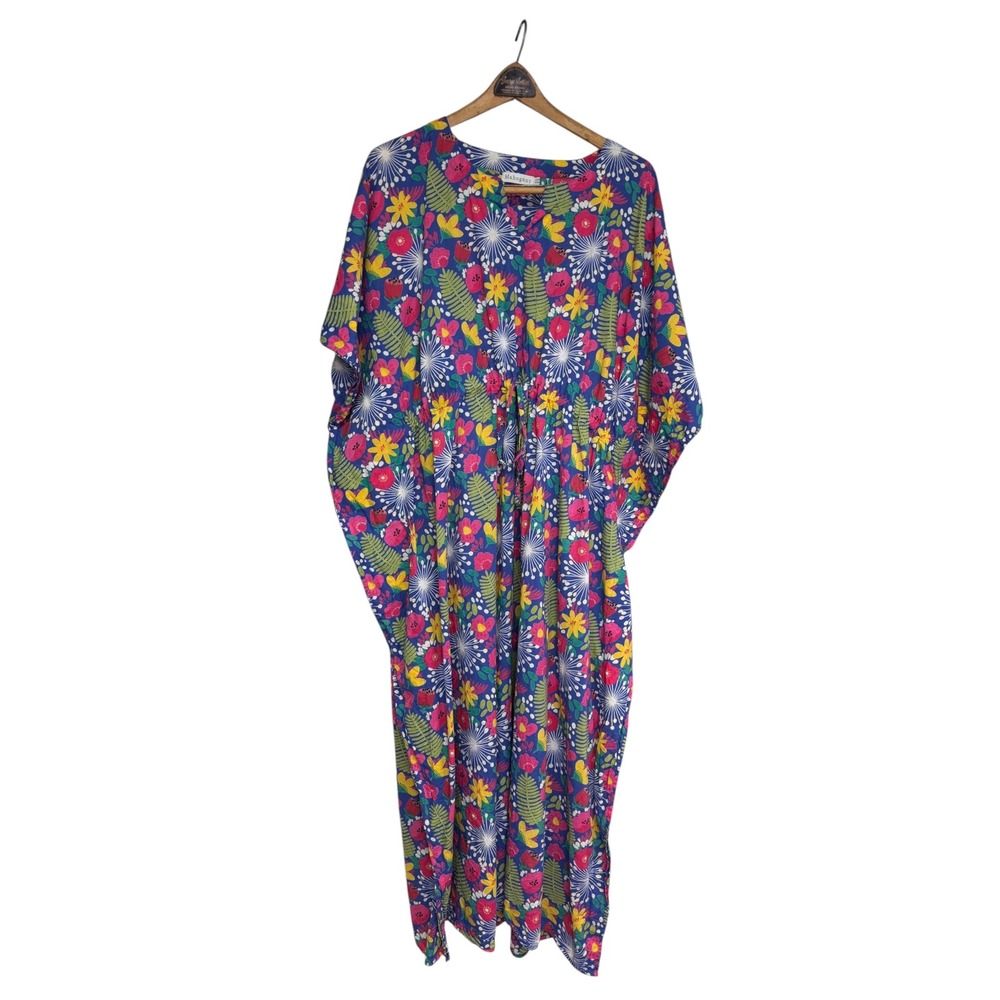 Mahogany Floral Kaftan Dress Womens One Size Blue Cotton Drawstring Maxi Caftan